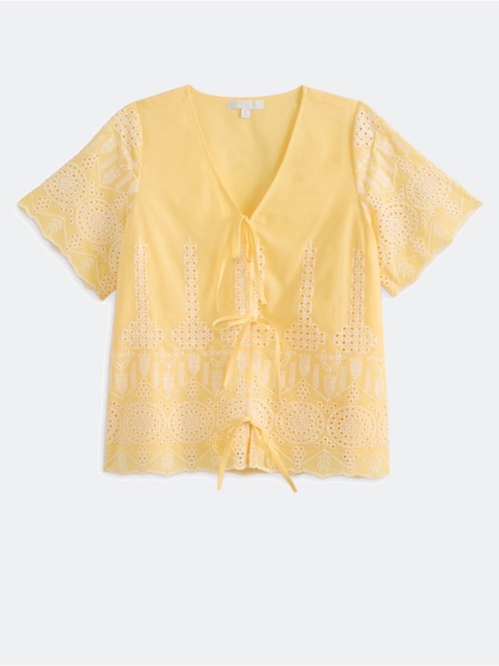 Yellow Embroidered Tie-Front Women's Top - Picture 3 of 7